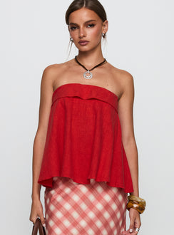 side view of model wearing Princess Polly Ethel Strapless Linen Top Red Sleeveless straight 
