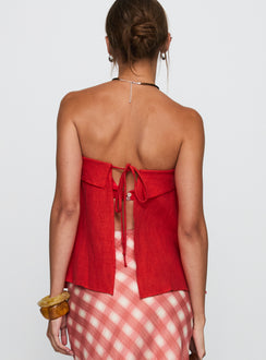 back view of model wearing Princess Polly Ethel Strapless Linen Top Red Sleeveless straight 