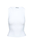 side view of model wearing Princess Polly Fitzy High Neck Top White Sleeveless Crew Neck 