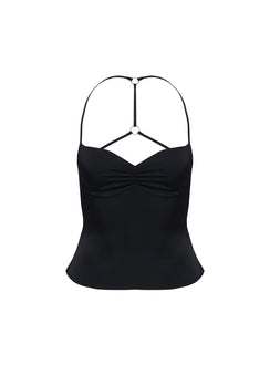 back view of model wearing Princess Polly Floresta Razor Back Halter Top Black Sleeveless Plunger 