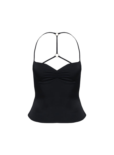 back view of model wearing Princess Polly Floresta Razor Back Halter Top Black Sleeveless Plunger 