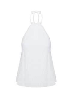 side view of model wearing Princess Polly Flutter Halter Top White Sleeveless High Neck 