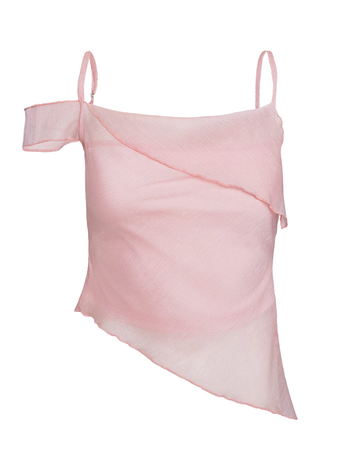 back view of model wearing Princess Polly Fresh Air Asymmetrical Top Pink Sleeveless Cowl 