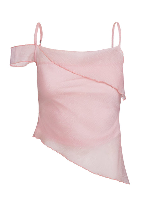 back view of model wearing Princess Polly Fresh Air Asymmetrical Top Pink Sleeveless Cowl 