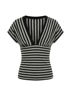 Eleanorre Batwing V Neck Top Grey Stripe