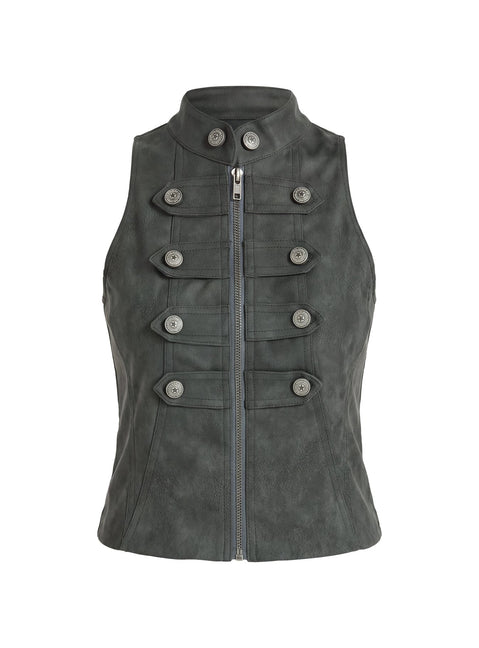 Ashtonn Sleeveless Faux Leather Military Top Black