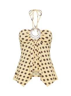 Betsey Ring Detail Tie Neck Top Yellow Polka Dot
