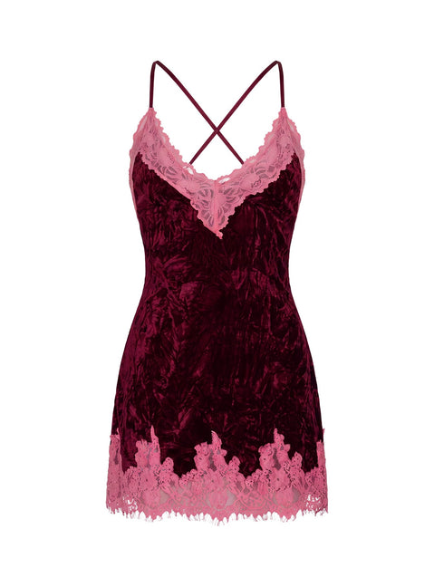 Call My Lover Velvet Lace Slip Mini Dress Plum / Pink