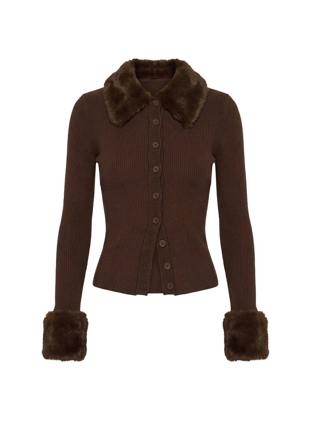 Chiqueeta Faux Fur Trim Knit Cardigan Chocolate