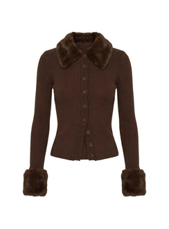 Chiqueeta Faux Fur Trim Knit Cardigan Chocolate