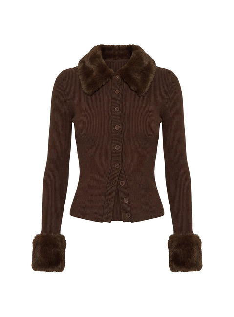 Chiqueeta Faux Fur Trim Knit Cardigan Chocolate