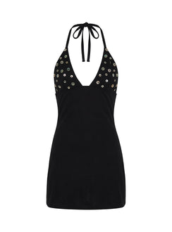 Chyna Halter Button Mini Dress Black