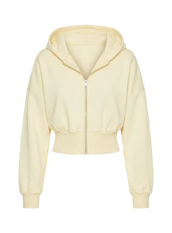 back view of model wearing Princess Polly Daytime Cropped Blouson Hoodie Buttercream Cropped Jumpers 