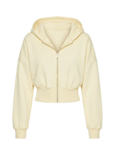 back view of model wearing Princess Polly Daytime Cropped Blouson Hoodie Buttercream Cropped Jumpers 