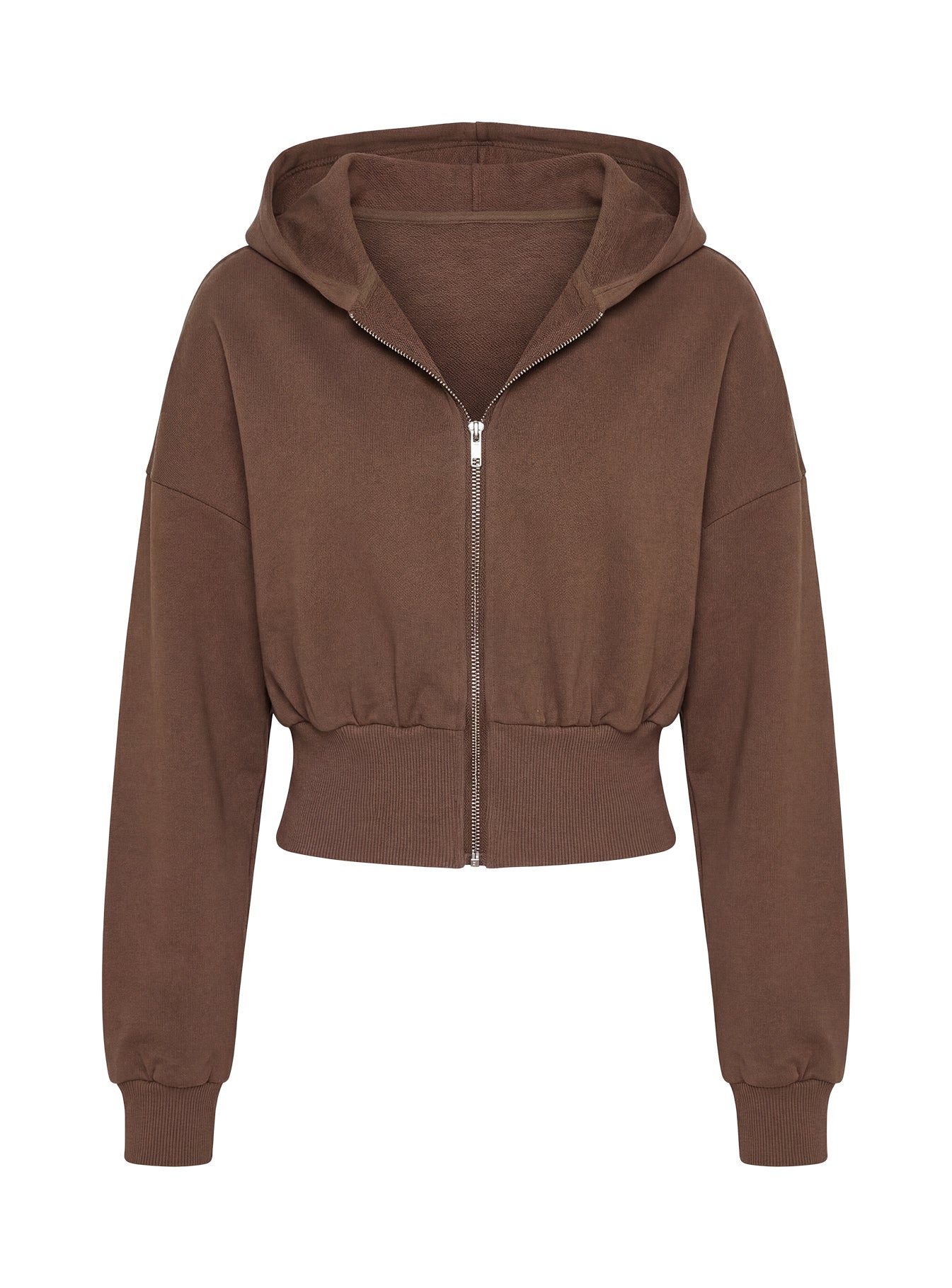 back view of model wearing Princess Polly Daytime Cropped Blouson Hoodie Cocoa 
