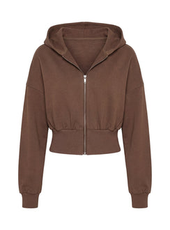 back view of model wearing Princess Polly Daytime Cropped Blouson Hoodie Cocoa 