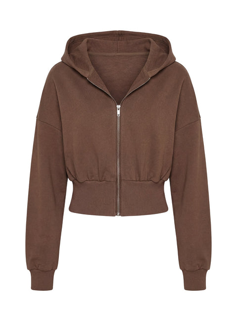 back view of model wearing Princess Polly Daytime Cropped Blouson Hoodie Cocoa 