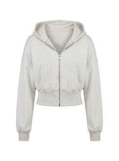 back view of model wearing Princess Polly Daytime Cropped Blouson Hoodie Snow Marle 