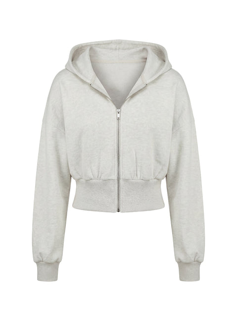 back view of model wearing Princess Polly Daytime Cropped Blouson Hoodie Snow Marle 