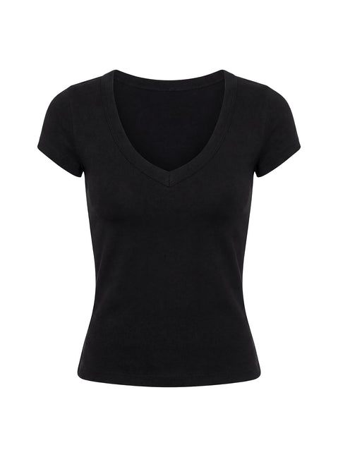 Daily Define Deep V Short Sleeve Top Black