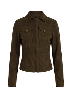 Kelehan Long Sleeve Faux Suede Zip Front Jacket Khaki
