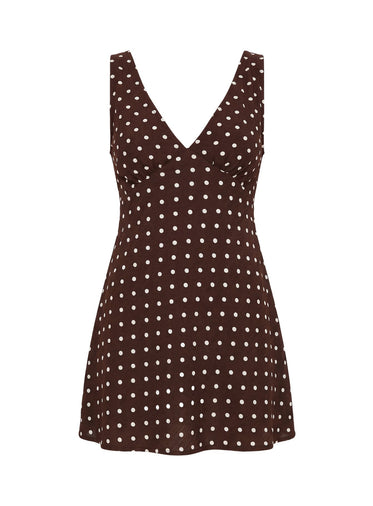 mens slip on brown dress shoes Karolie Halter Plunge Mini Dress Brown / Blue Polka Dot main image 0