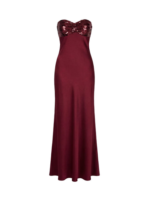 See The Vision Sequin Bust Strapless Maxi Dress Burgundy