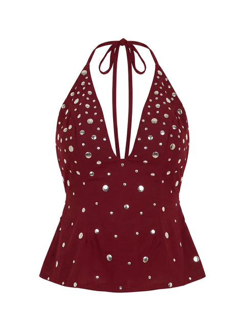 Tekapo Studded V-Neck Top Burgundy