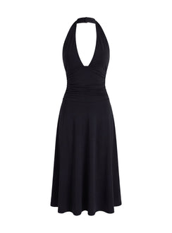 Zevani Plunge Halter Midi Dress Black