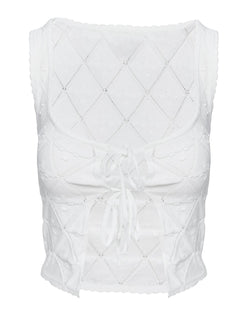 side view of model wearing Princess Polly Giulia Knit Top White Sleeveless Square Neck 