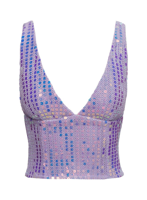 back view of model wearing Princess Polly Headliner Shimmer Top Purple Sleeveless Plunger 