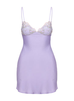 back view of model wearing Princess Polly Hintz Satin Mini Dress Lilac V-Neck 