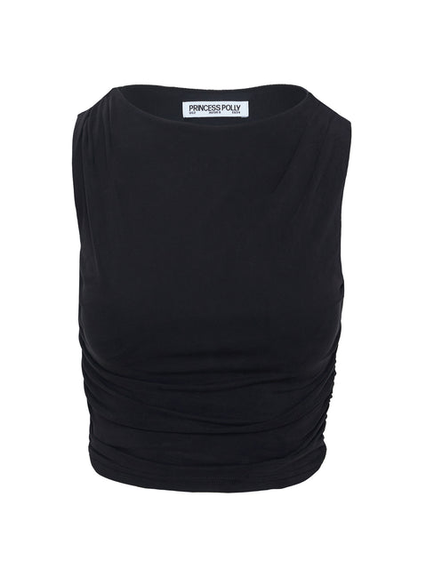back view of model wearing Princess Polly Hold Em High Neck Top Black Sleeveless High Neck 