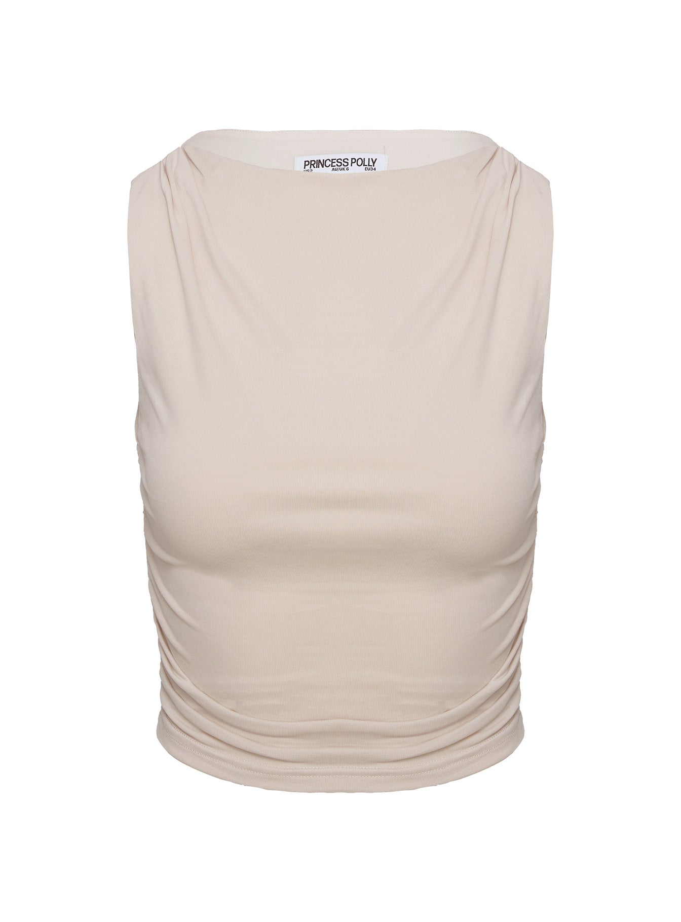 back view of model wearing Princess Polly Hold Em High Neck Top Cream Sleeveless High Neck 