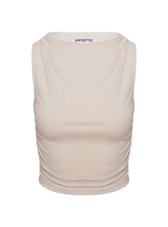 back view of model wearing Princess Polly Hold Em High Neck Top Cream Sleeveless High Neck 