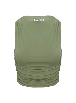 back view of model wearing Princess Polly Hold Em High Neck Top Green Sleeveless Crew Neck 