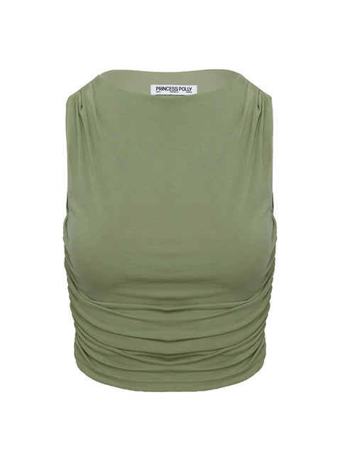 back view of model wearing Princess Polly Hold Em High Neck Top Green Sleeveless Crew Neck 
