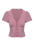 front view of model wearing Princess Polly Isolda Top Red Gingham Short Sleeves Plunger 