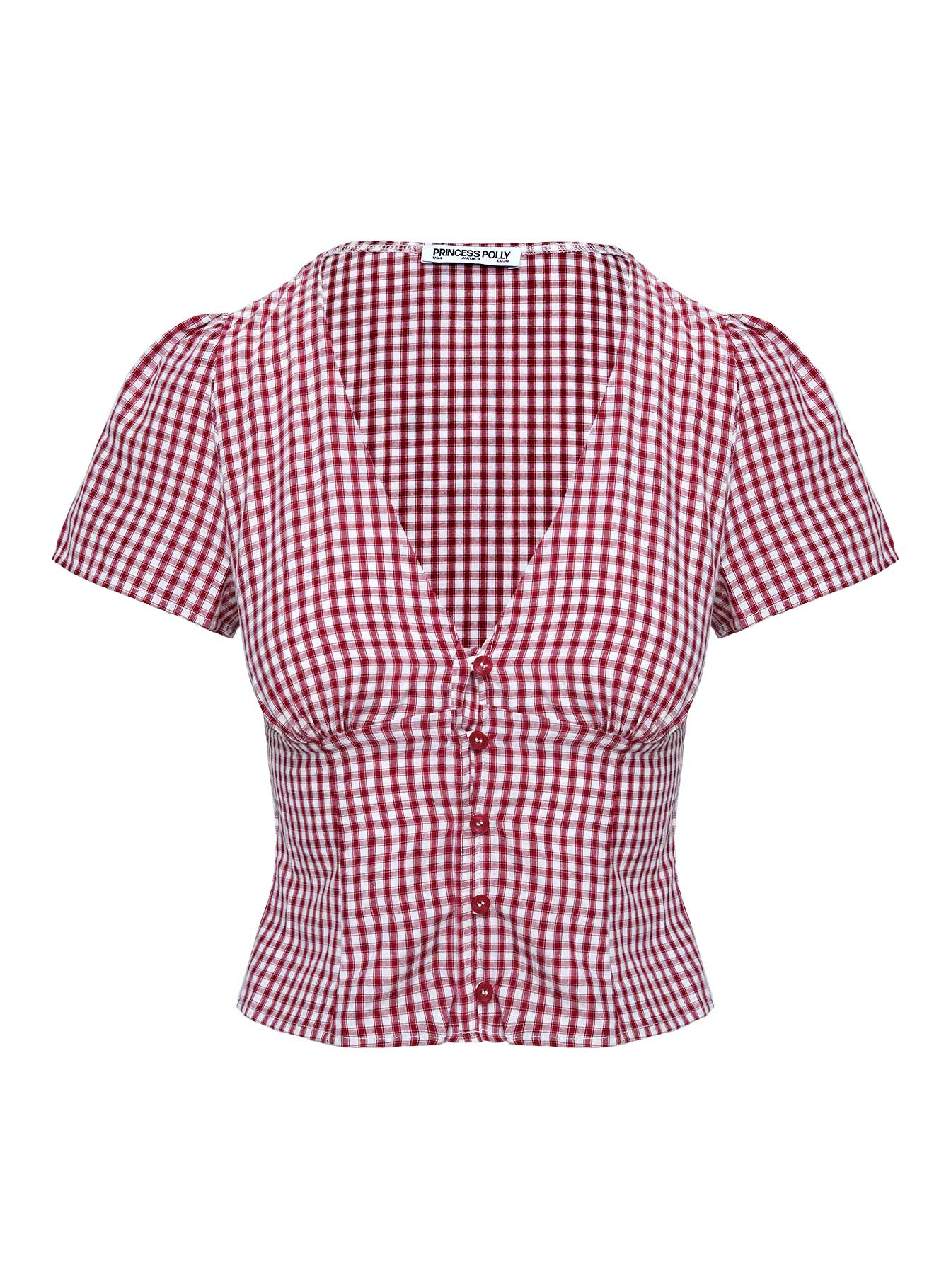 front view of model wearing Princess Polly Isolda Top Red Gingham Short Sleeves Plunger 