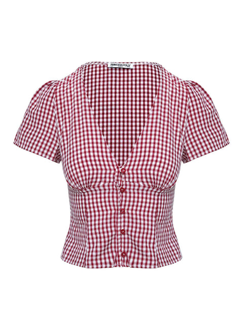 front view of model wearing Princess Polly Isolda Top Red Gingham Short Sleeves Plunger 