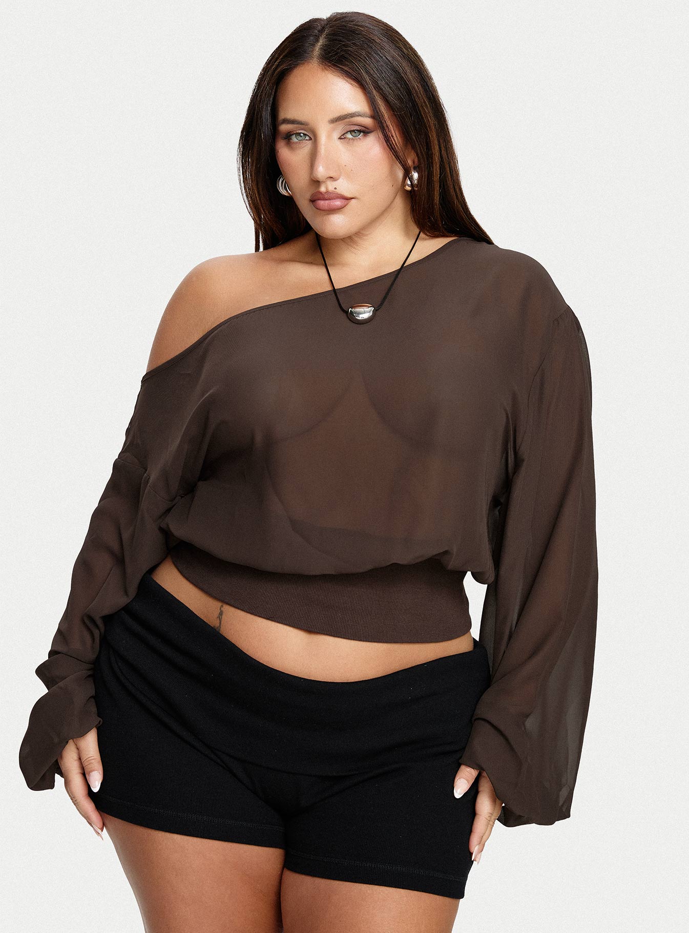 Idalina Slouchy Chiffon Top Brown Curve