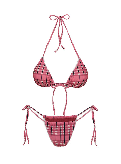Jenner Tie Side Ruched Bikini Bottom Pink Check