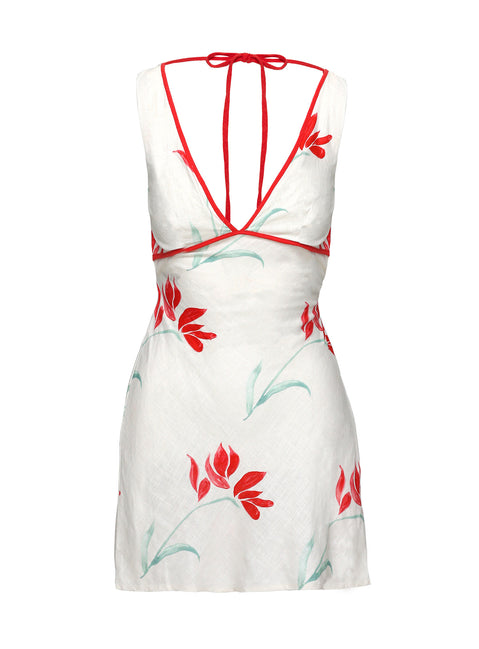 back view of model wearing Princess Polly Juli Mini Dress Floral Petite Plunger 