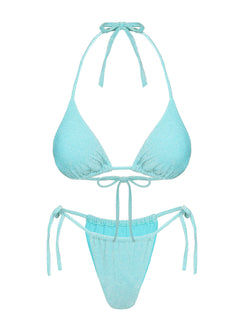 Jenner Tie Side Ruched Bikini Bottoms Aqua Glitter