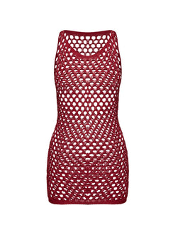 side view of model wearing Princess Polly Keanes Net Mini Dress Red Scoop Neck 