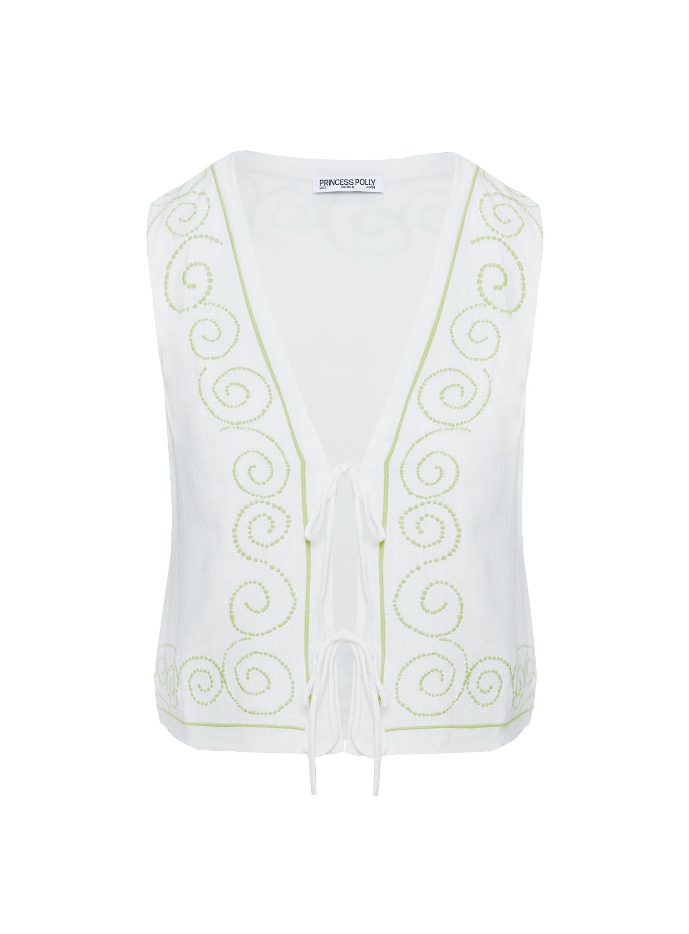 product Princess Polly Kindred Tie Top White / Green Sleeveless Plunger 
