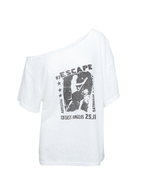 back view of model wearing Princess Polly Kippa Off The Shoulder Tee White Half Sleeves Asymmetric Neckline 