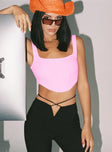 Front view of model wearing  front Princess Polly Sleeveless Square Neck  Kaeshia Rib Bustier Pink Lower Impact