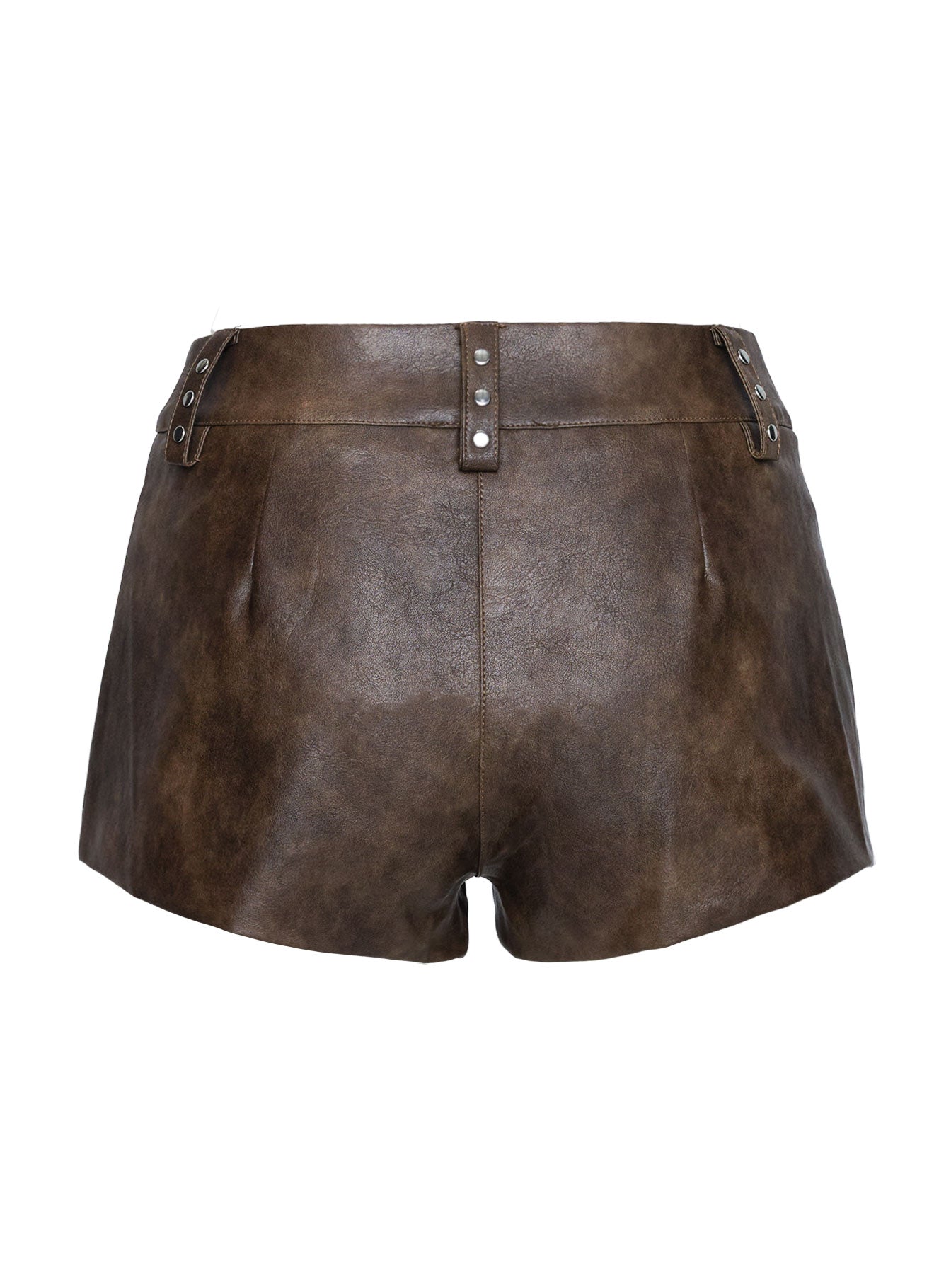 side view of model wearing Princess Polly Kenickie Stud Micro Shorts Brown High Waisted Shorts 