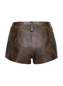side view of model wearing Princess Polly Kenickie Stud Micro Shorts Brown High Waisted Shorts 